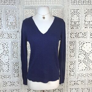 Calliope Navy Blue Metallic Sweater Womens Medium V Neck Ribbed Luxury
